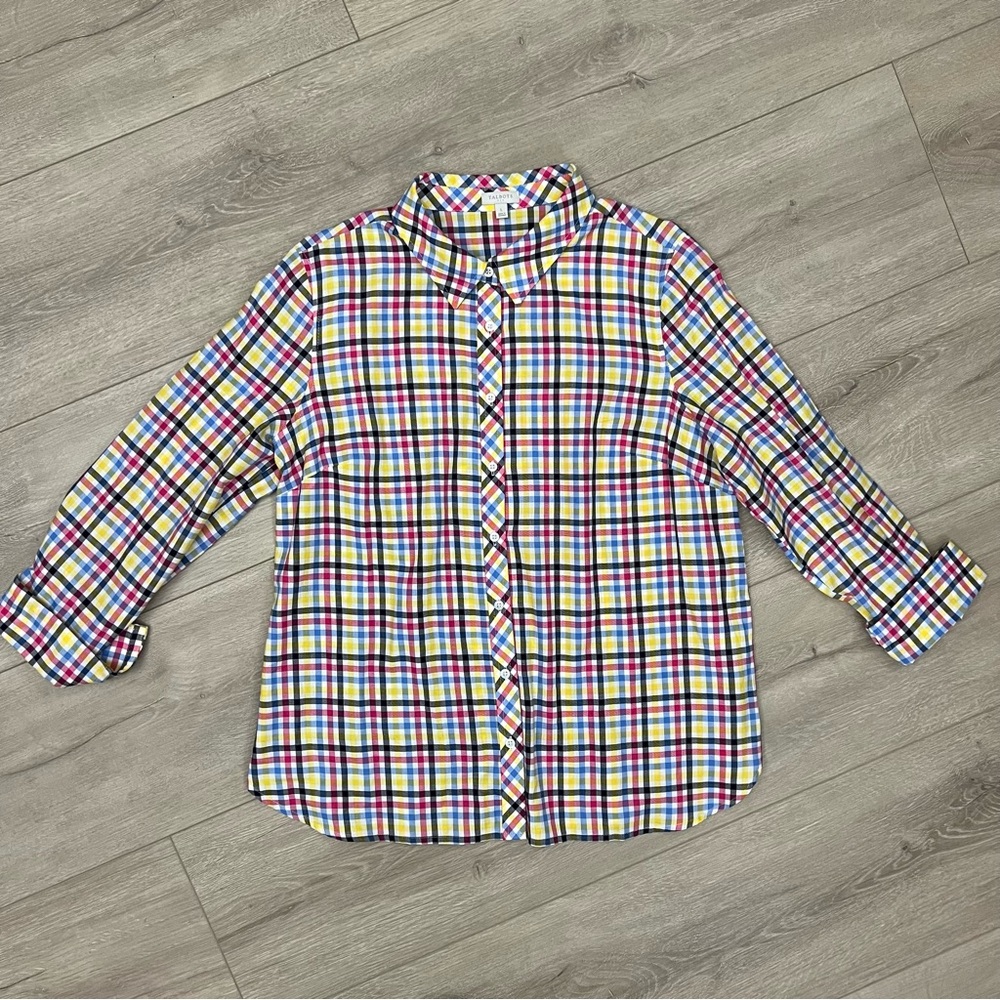 Talbots Multicolor Plaid Cotton Collared Regular Blouse Top Button Up Size Large